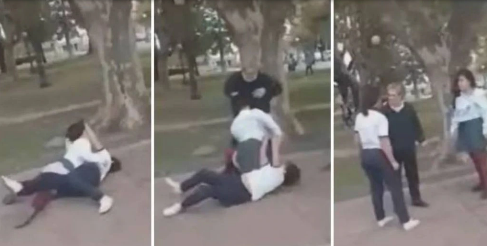 Video: dos alumnas se agarraron a trompadas en una plaza y una mujer las separó a cachetazos